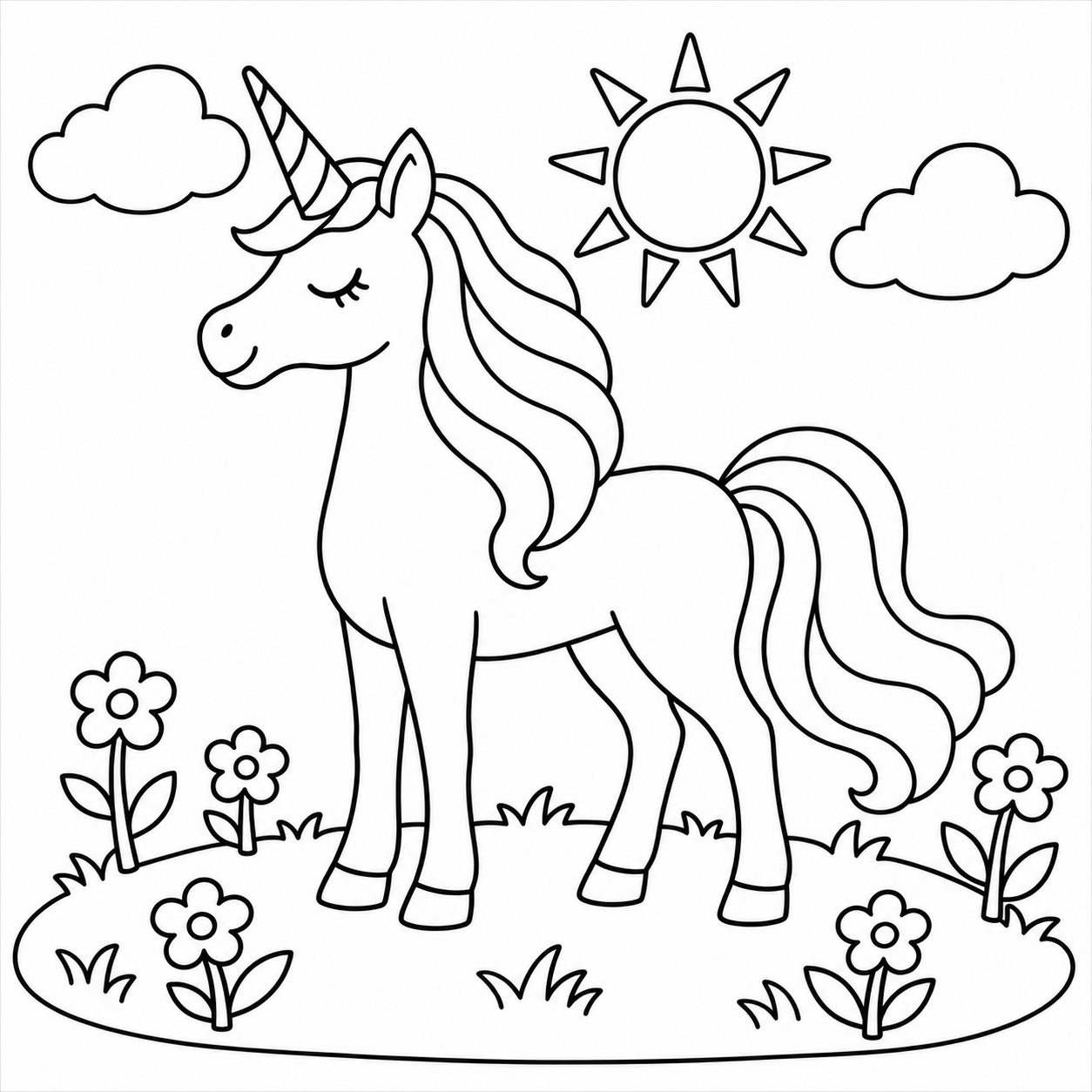 Unicorn meadow, a coloring page to print