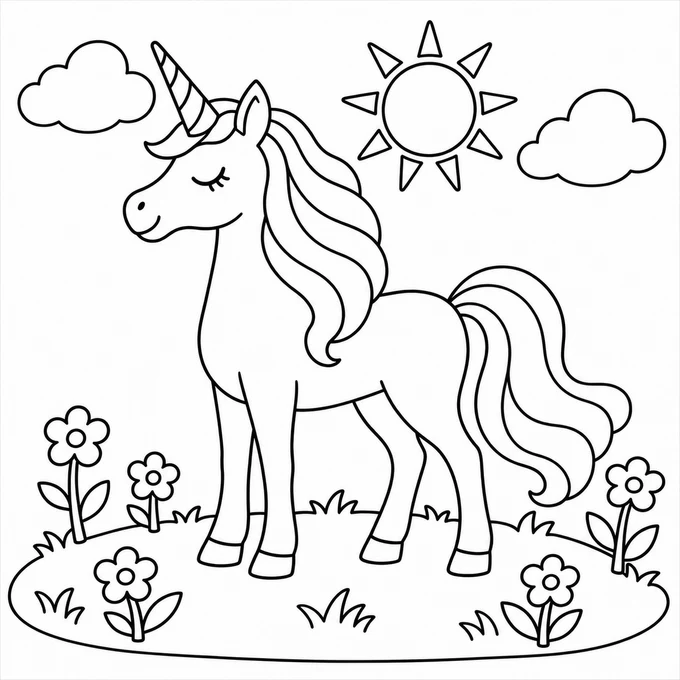 Unicorn in a meadow coloring page