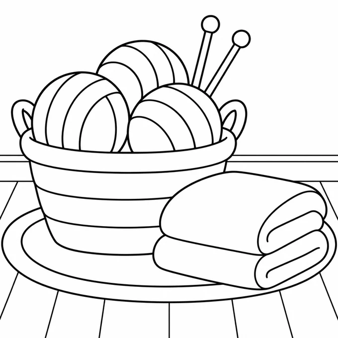 Yarn basket and knitting needles coloring page
