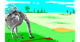 Drawing of Ostrich by Flowerpot