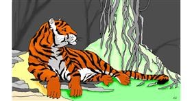 Drawing of Tiger by flowerpot