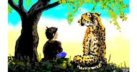 Drawing of Cheetah by flowerpot