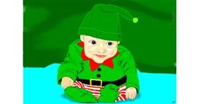 Drawing of Christmas elf by flowerpot