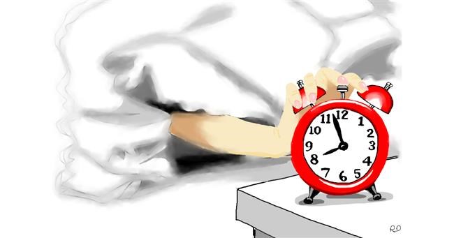 Drawing of Alarm clock by flowerpot