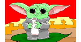 Drawing of Baby Yoda by Flowerpot
