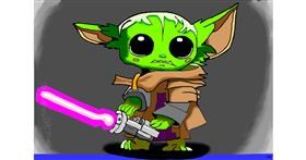 Drawing of Baby Yoda by flowerpot