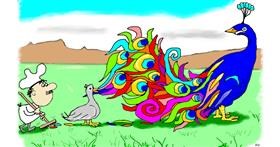 Drawing of Peacock by flowerpot