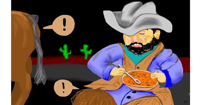 Drawing of Cowboy by flowerpot