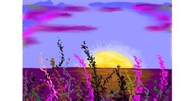 Drawing of Sunset by flowerpot