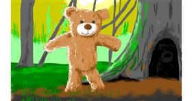Drawing of Teddy bear by flowerpot