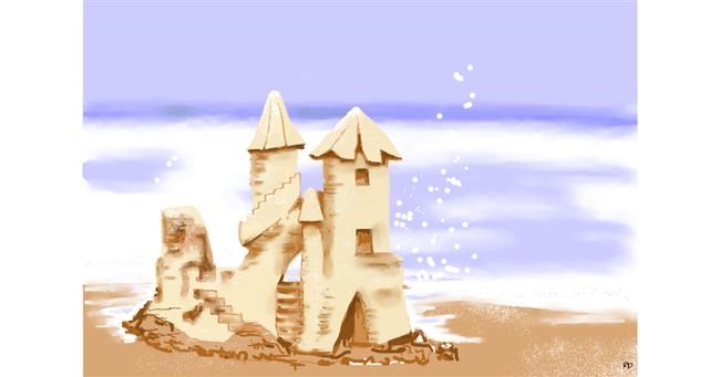 Drawing of Sand castle by flowerpot