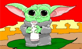 Drawing of Baby Yoda by Flowerpot
